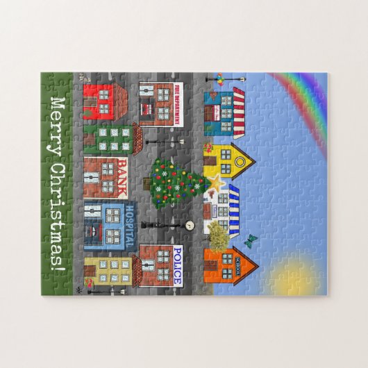 kleine stadsbuurt | vrolijk kerstfeest legpuzzel (Horizontaal)