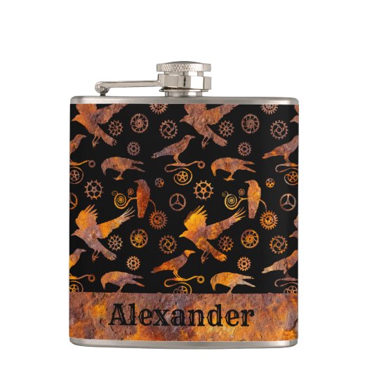 Kleine Steampunk kleurrijke roesttandwielen en koe Heupfles (Voorkant)