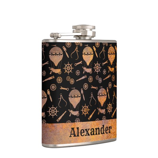 Kleine Steampunk Rusty-ballonthema Aangepaste naam Heupfles (Rechts)