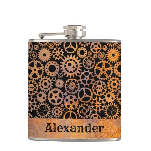 Kleine Steampunk Rusty Gears Custom Naam Heupfles (Voorkant)
