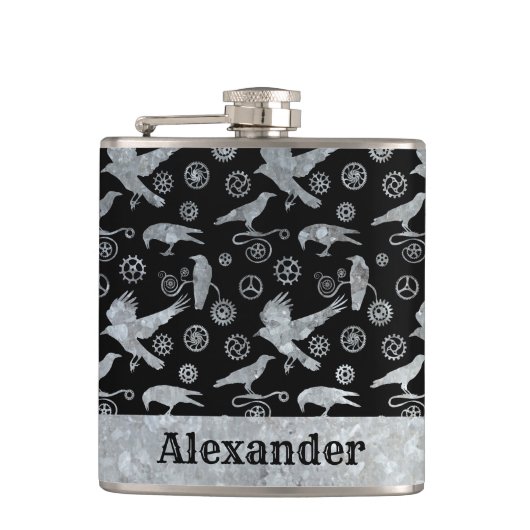 Kleine Steampunk Zilver Zinktandwielen en Kroegen Heupfles (Voorkant)