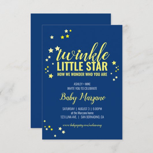 kleine ster BABY SHOWER of SIP & SEE geel marinebl Kaart (Voorkant / Achterkant)