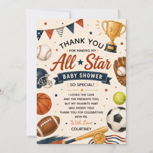 Kleine Ster Baby Shower Sporten Voetbal Honkbal Bedankkaart