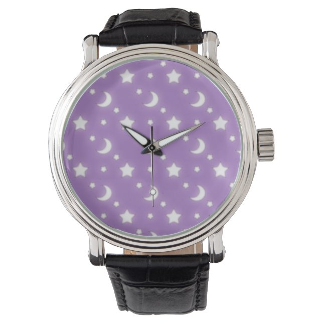 Kleine sterren en manen paarse achtergrondpatroon horloge (Voorkant)