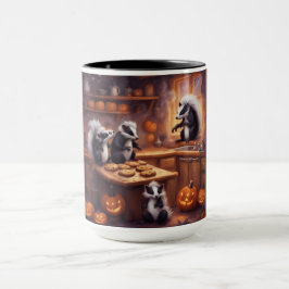 Kleine stinkdieren spelen op Halloween in de keuke Mok