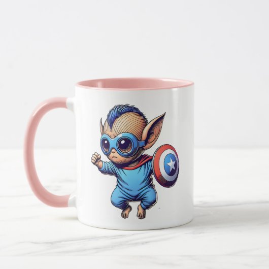 Kleine superheld buitenaards met schild. mok (Links)