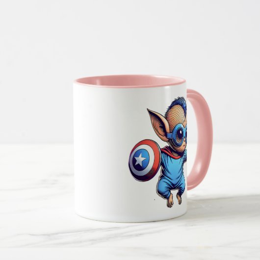 Kleine superheld buitenaards met schild. mok (Voorkant rechts)