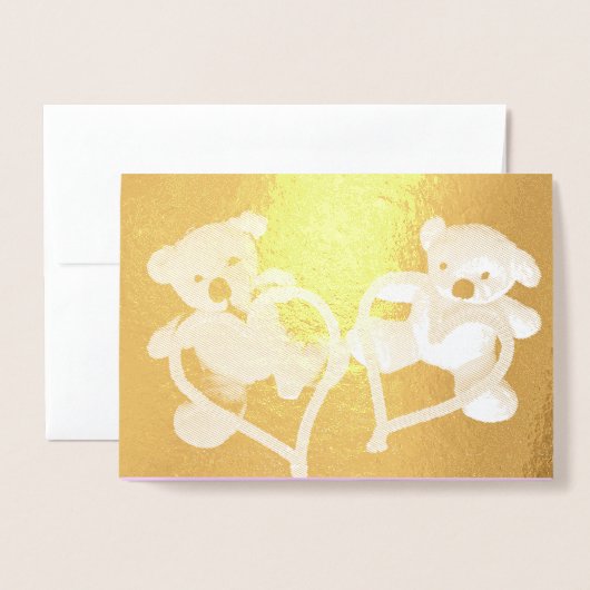 Kleine Teddy Bears en Hearts Gold Valentijn Folie Kaarten (Voorkant met envelop)
