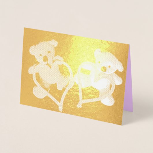 Kleine Teddy Bears en Hearts Gold Valentijn Folie Kaarten (Voorkant)