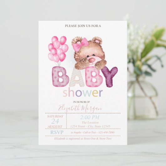 Kleine Teddybeer ballonnen Baby shower uitnodiging (Staand voorkant)