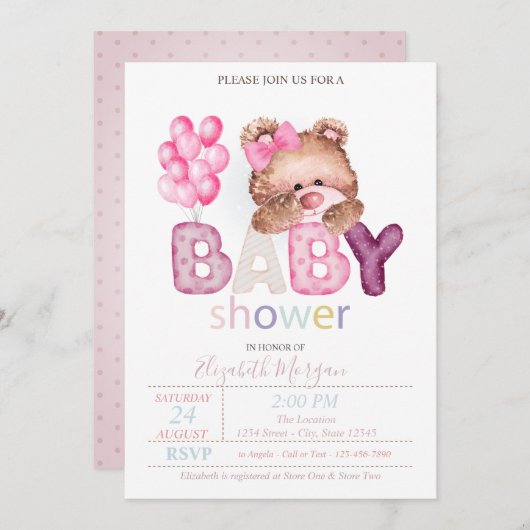 Kleine Teddybeer ballonnen Baby shower uitnodiging (Voorkant / Achterkant)