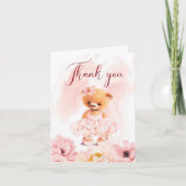 Kleine teddybeer bloemenprinses roze waterverf bedankkaart (Voorkant)