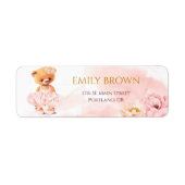 Kleine teddybeer bloemenprinses roze waterverf etiket (Voorkant)