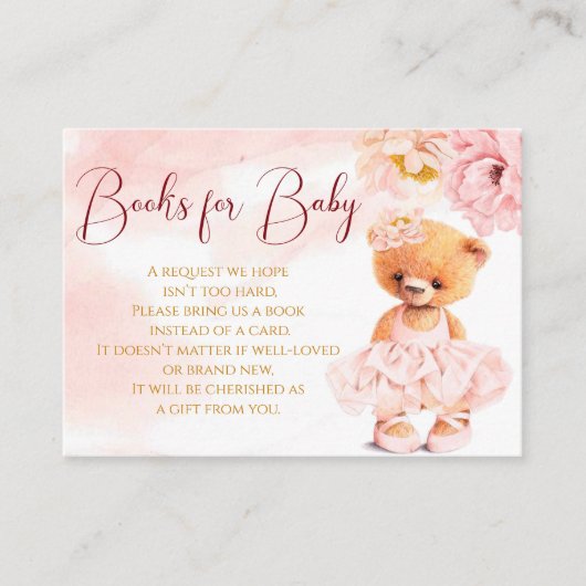 Kleine teddybeer bloemenprinses roze waterverf informatiekaartje (Voorkant)