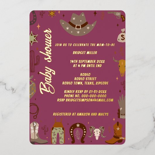 Kleine Texas Cowgirl baby shower Folie Uitnodiging (Voorkant)