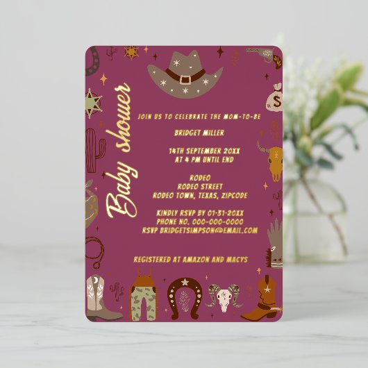 Kleine Texas Cowgirl baby shower Folie Uitnodiging (Staand Voorkant)