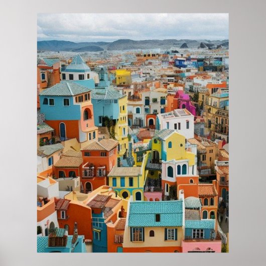Kleine Toeristische stad veel kleurrijke huizen ge Poster (Voorkant)