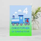Kleine trein 4e verjaardagsfeestje uitnodiging (Staand voorkant)