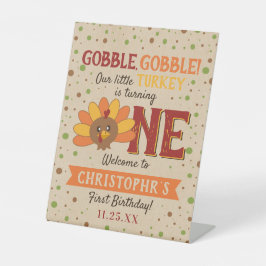 Kleine Turkse Herfst Thanksgiving 1e verjaardag Reclamebord Met Voetstuk