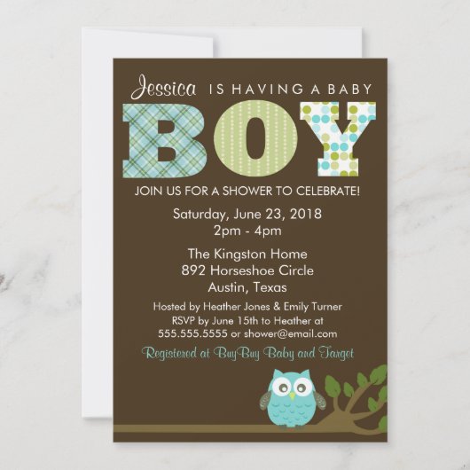 Kleine Uil Baby Boy Douche Uitnodiging, Patroon Kaart (Voorkant)