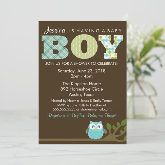 Kleine Uil Baby Boy Douche Uitnodiging, Patroon Kaart (Staand voorkant)