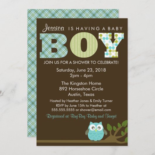 Kleine Uil Baby Boy Douche Uitnodiging, Patroon Kaart (Voorkant / Achterkant)