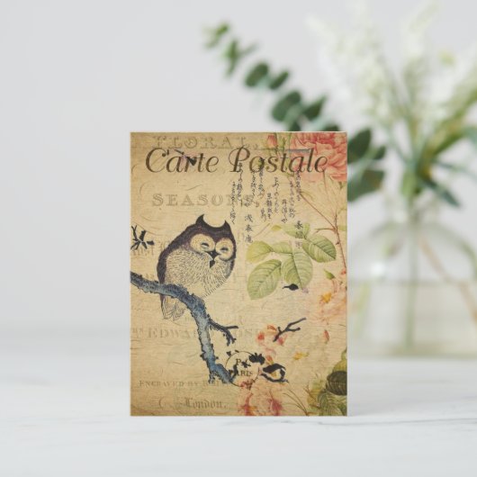 kleine uil roze rozen Frans Briefkaart (Staand voorkant)