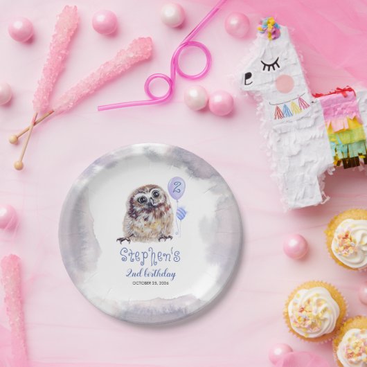 Kleine Uil Schattige Blauw Verjaardag Papieren Bordje (Feest)