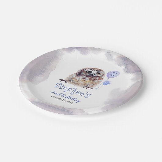 Kleine Uil Schattige Blauw Verjaardag Papieren Bordje (Gekanteld)
