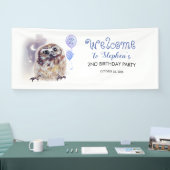 Kleine Uil Schattige Blauw Verjaardagsfeestje Spandoek (Beurs)