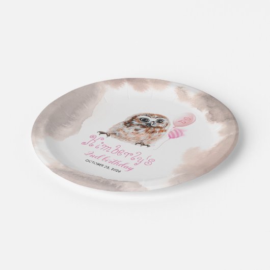 Kleine Uil Schattige Roze Verjaardag Papieren Bordje (Gekanteld)