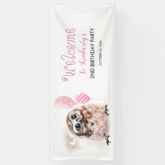 Kleine Uil Schattige Roze Verjaardagsfeestje Spandoek (Verticaal)