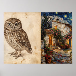 Kleine Uil Schets en Cottage Kunst Poster