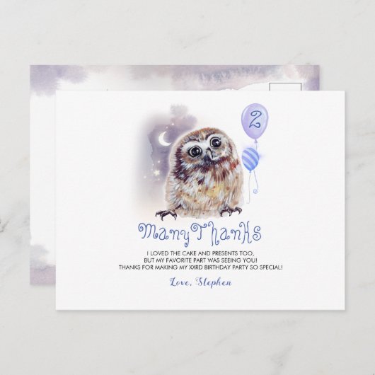 Kleine Uil Verjaardag Dank u Briefkaart (Voorkant / Achterkant)