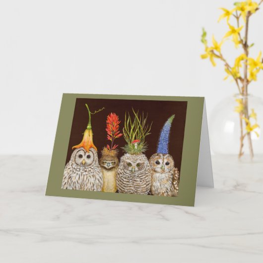 Kleine uilen op Big Pet Night card Kaart (Gele Bloem)