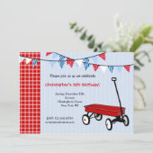 Kleine uitnodiging van het Rode Wagon Birthday Par (Staand voorkant)