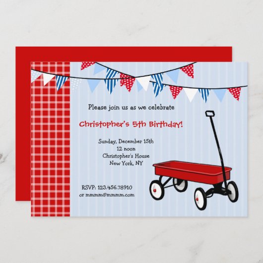 Kleine uitnodiging van het Rode Wagon Birthday Par (Voorkant / Achterkant)