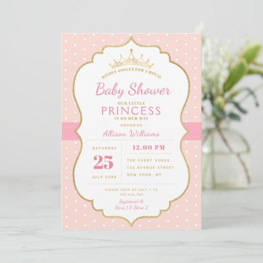 kleine uitnodiging voor prinses baby shower (Staand voorkant)