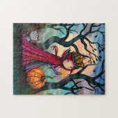 Kleine vampier met kat Halloween-kunst Legpuzzel (Horizontaal)