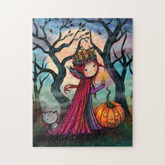 Kleine vampier met kat Halloween-kunst Legpuzzel (Verticaal)