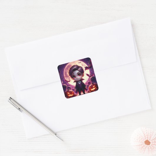 Kleine Vampire Beatrix onder de Grote Maan Vierkante Sticker (Envelop)