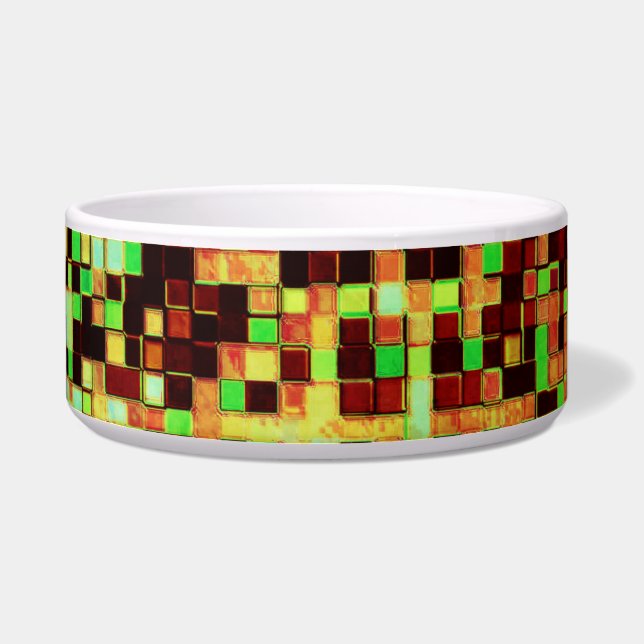 Kleine vierkantjes of tegels, groen en oranje, wit voerbakje (Rechts)