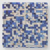 Kleine vierkantjes verspreid, tinten blauw met wit stenen onderzetter (Voorkant)