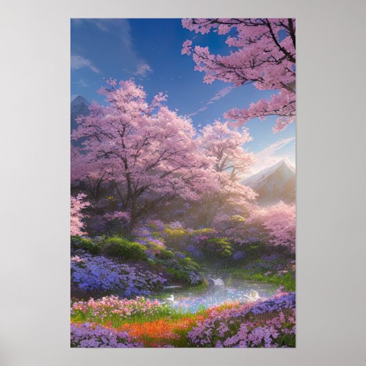 Kleine vijver omgeven door bloemlekkernijen poster (Voorkant)