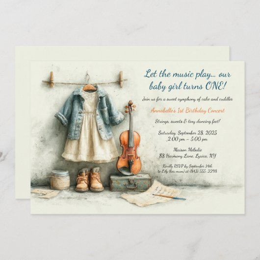 Kleine violiste - 1e verjaardag meisje kaart (Voorkant / Achterkant)