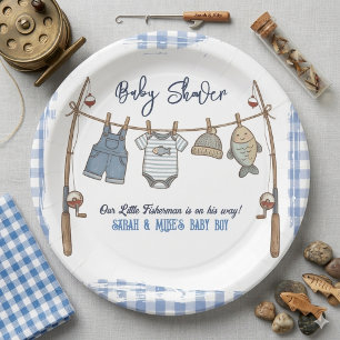 Kleine Visser Blauw Gingham Visser Jongen Papieren Bordje