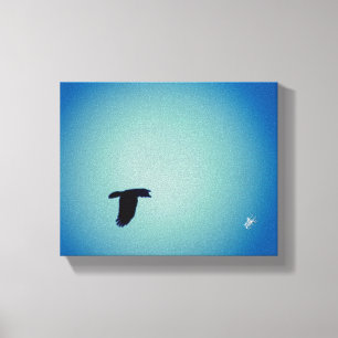 Kleine vliegende vogel Mint blauwe lucht kunst Canvas Afdruk