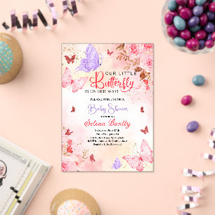 kleine vlinder baby shower Meisje Waterverf roze Acryl Uitnodigingen
