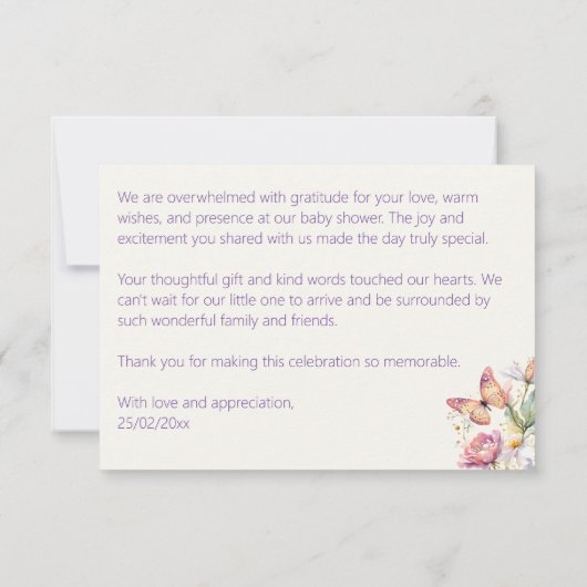 Kleine vlinder betoverde tuin baby shower bedankkaart (Achterkant)