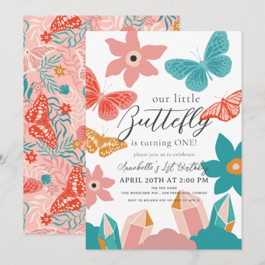 Kleine Vlinder Bloemen & Kristal 1e Verjaardag Kaart (Voorkant / Achterkant)